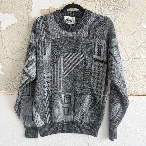 Le Tigre Other - Vtg Grandpa Sweater Geometric Knit Black Gray 90s Le Tigre USA Made Retro Mens L